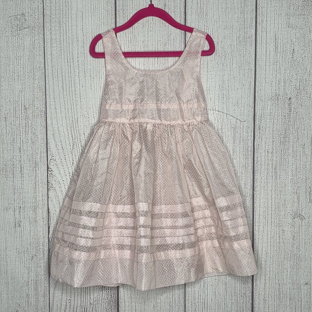 Vintage Girls Pink Swiss Dot Pinafore Apron Dress Sheer Party, sz 5/6